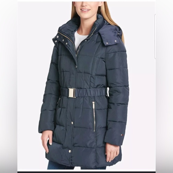 TOMMY HILFIGER Women’s navy blue belted long puffer coat jacket Size Small - Picture 1 of 3